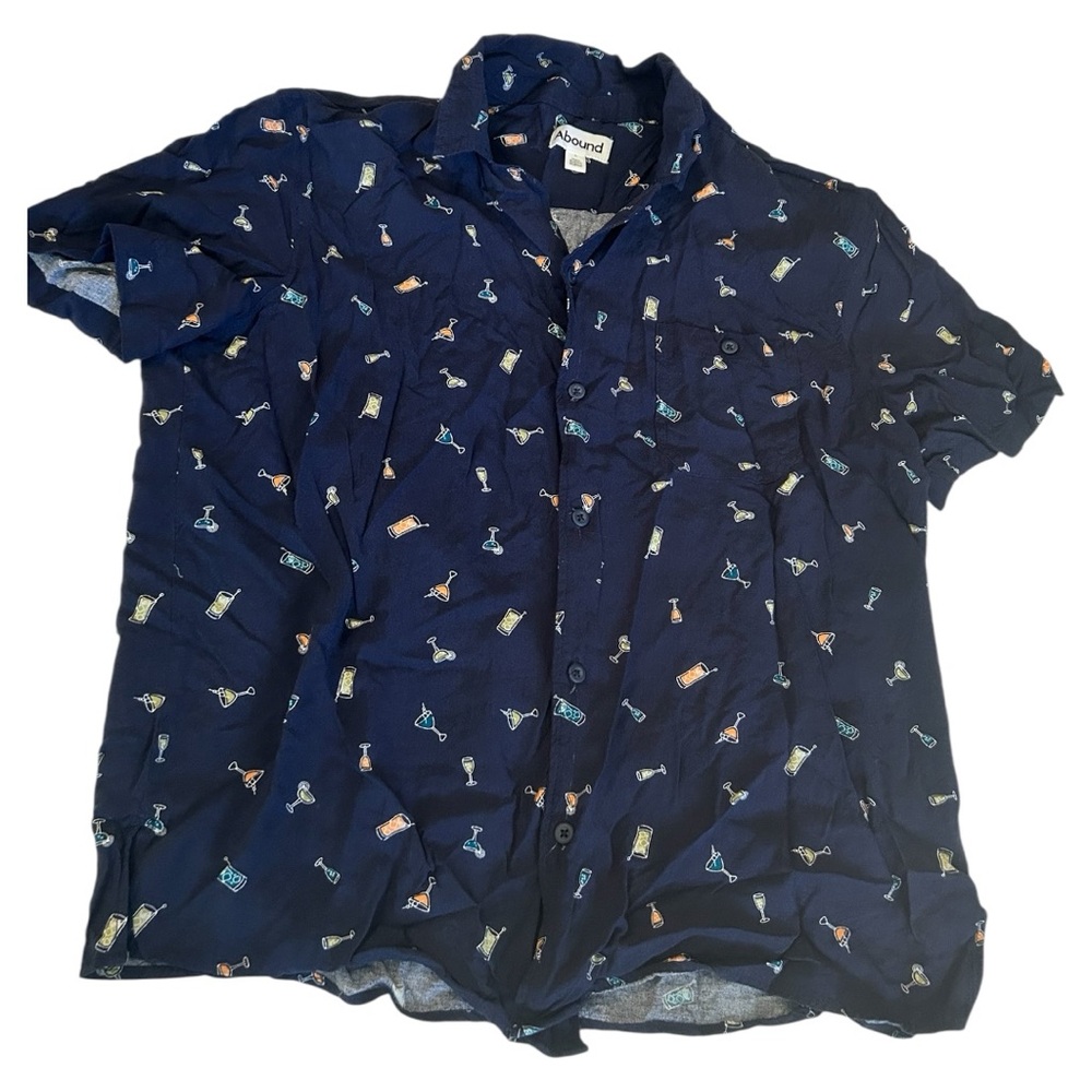 About navy cocktail print short sleeve button down collared shirt